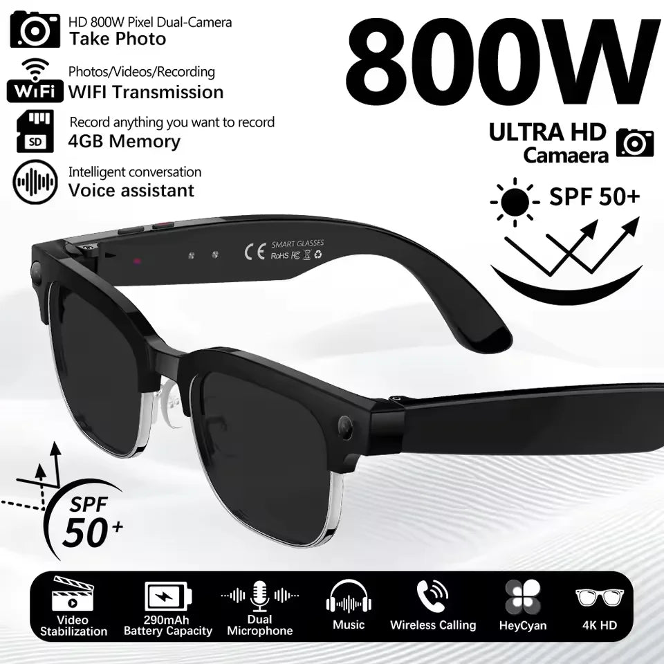 2026 New HD 800W Pixel Smart Glasses with Camera 1080P Video Recording WIFI ChatGPT Translation Music Call Earphones Sunglasses