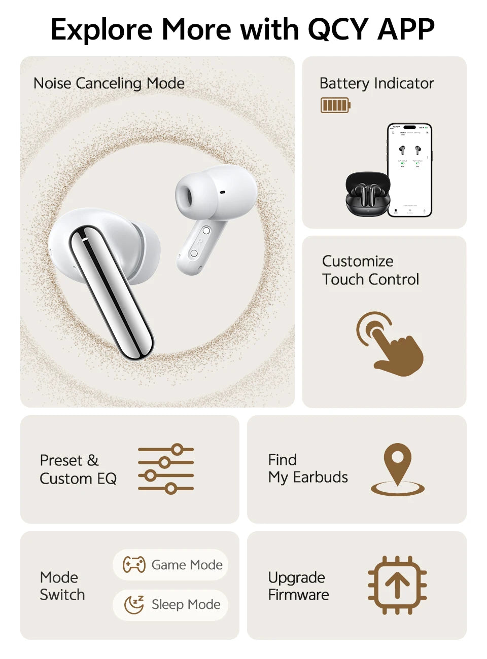 QCY Melobuds N20 BH25HT20A Wireless Bluetooth 6.0 Earphone -50dB Adaptive ANC 13mm Drivers Headsets 6 Mics HD Calls Earbud 40Hrs