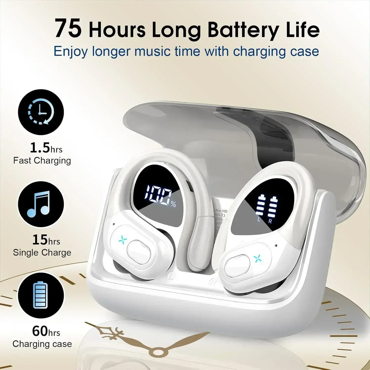 Wireless Earbuds Sport Bluetooth 5.4 Headphones with Noise Cancelling Mic 75Hrs HiFi Stereo Over Ear Bud LED Display USB-C IPX7