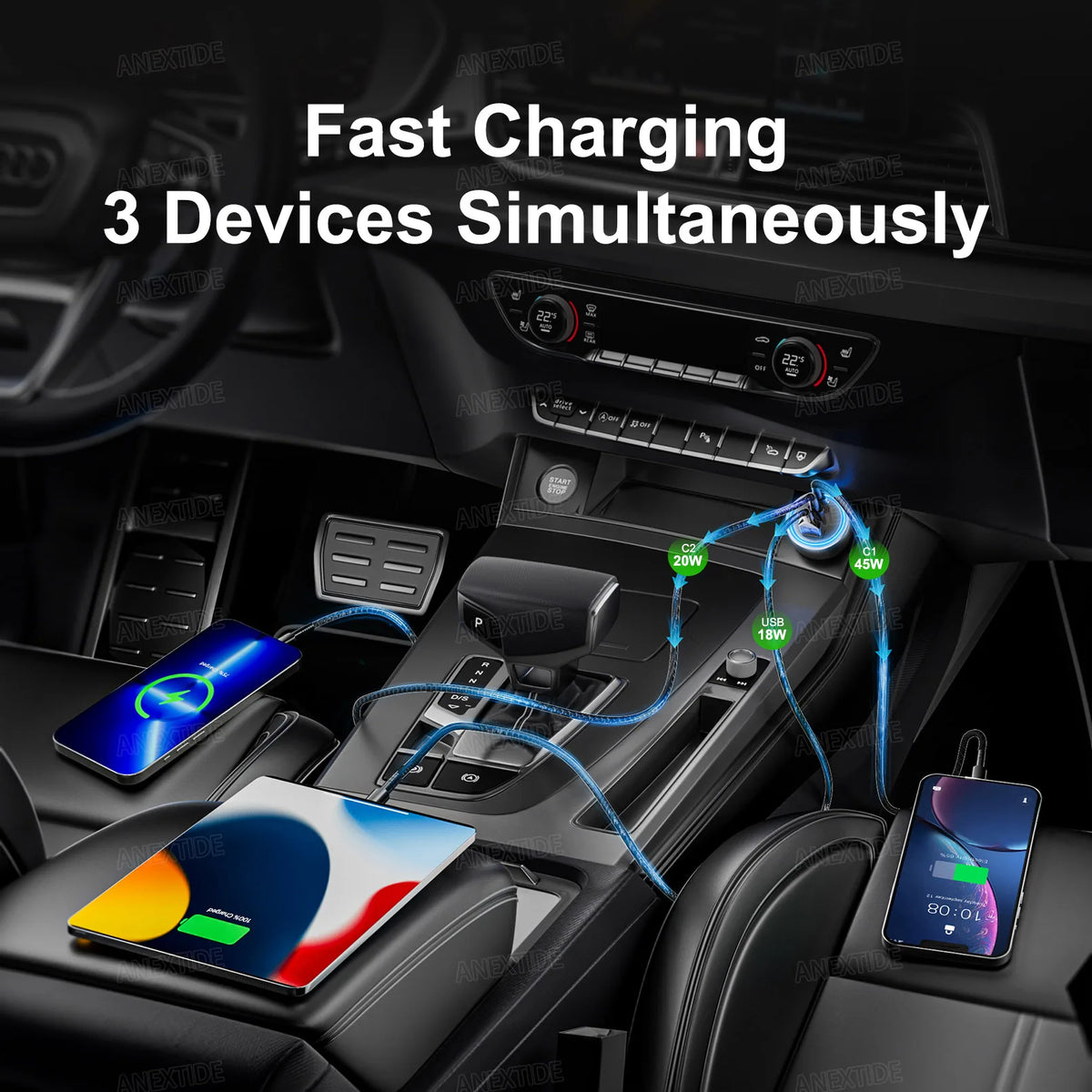 USB C Car Charger, 3-Port 67W Dual USB-C & USB-A Car Power Adapter PD/QC Fast Charging Cigarette Lighter for iPhone 16/15/14/13