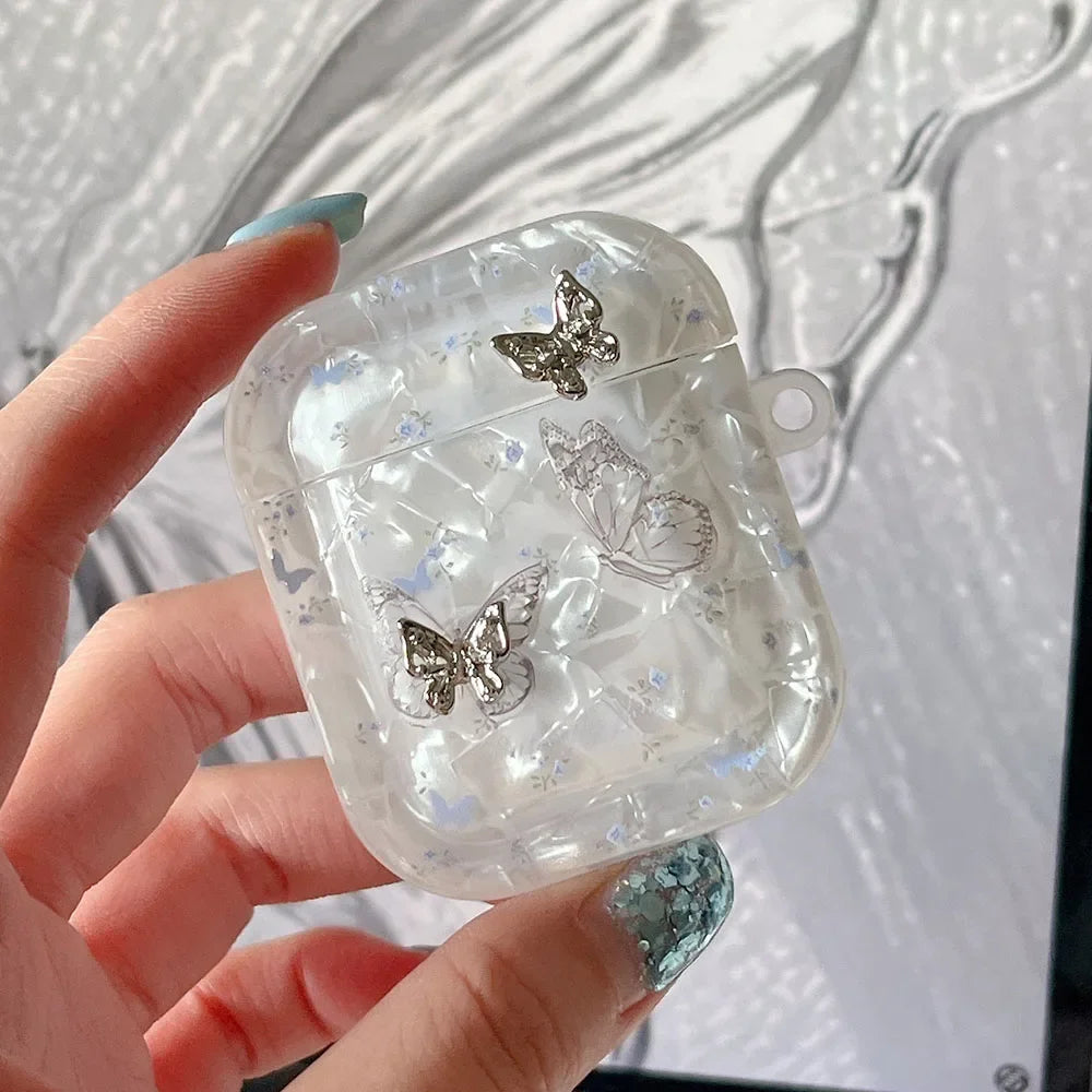 Luxury Shell Texture Metal Butterfly Girls Case For Airpods 4 Pro 2nd 1 2 Earphone Box Cover For Apple AirPod 3 Bag with Pendant