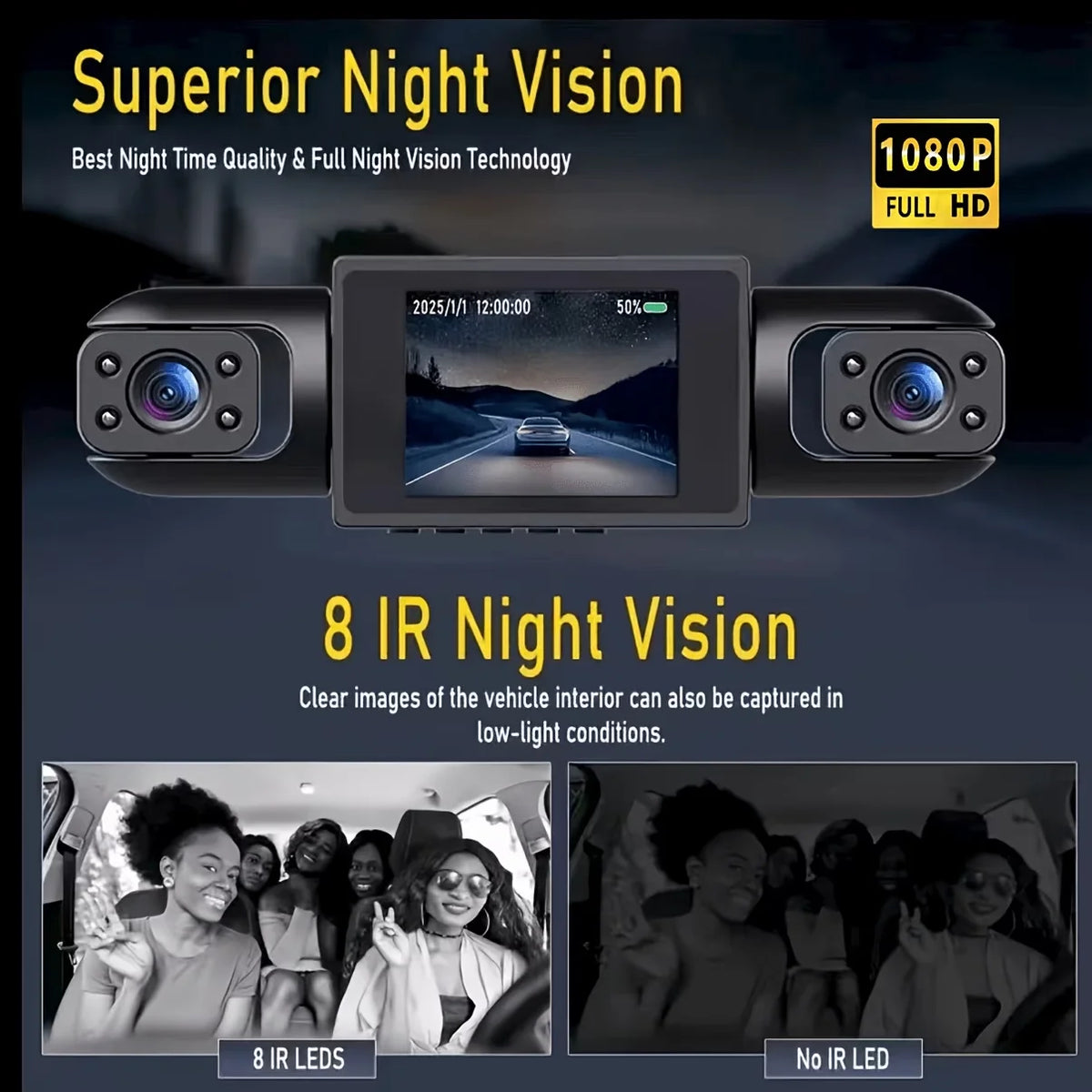 3/4-Lens 360° Panoramic Dash Cam, IR Night Vision, Auto Loop Recording, G-Sensor Motion Detection, 12H/24H Continuous Recording