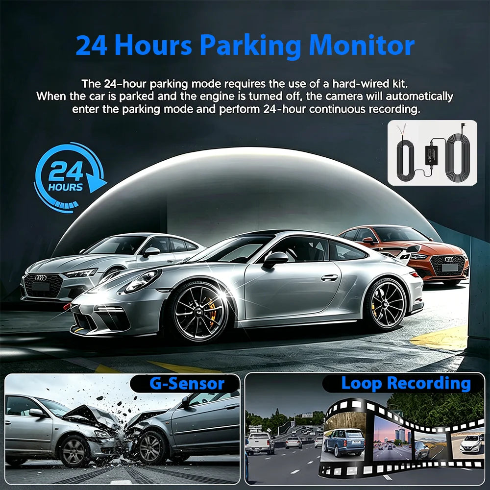 Dash Cam 4 Car Cameras Black Box Night Vision 24/7 Parking Reverse Parking Alert Video Recorder Loop Recording G-Sensor Car DVR