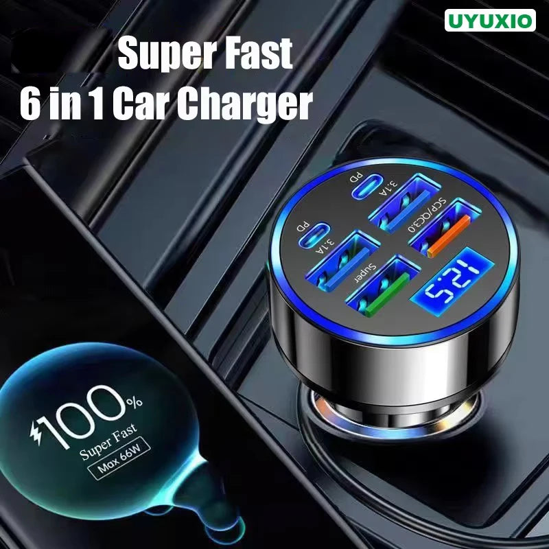 UYUXIO USB C Car Charger Adapter with Voltage Display 6 in 1 Super Fast in Car for iPhone 16 15 Pro Max Samsung Android Phone