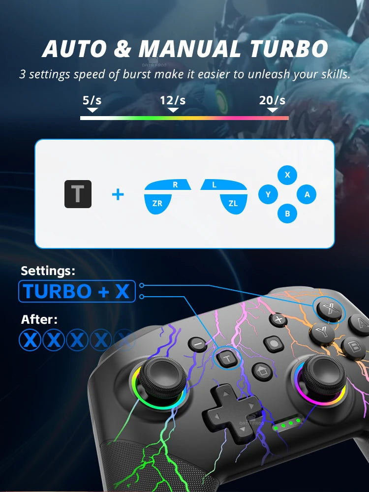 DATA FROG Wireless Controller For Switch OLED Console Pro Gamepad with Rechargeable Battery Programmable Turbo RGB Light