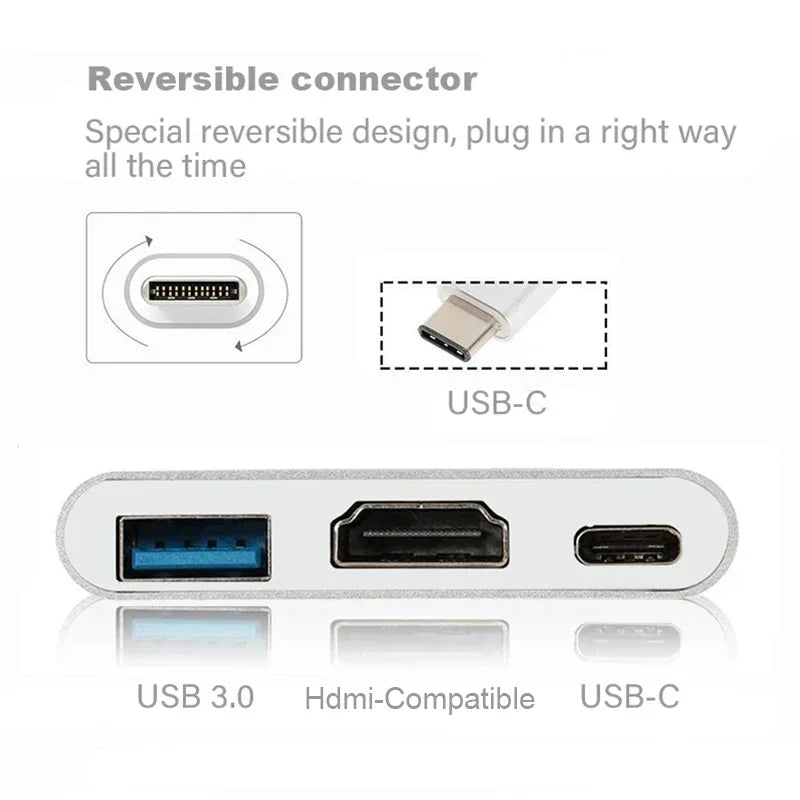 3-in-1 USB C Hub 100W Power Delivery USB 3.0 with 4K HDMI-Compatible for MacBook Chromebook Steam Deck - Stable HUB Adapter