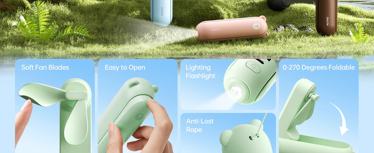 JISULIFE Portable Fan Mini Handheld Fan USB 4500mAh Recharge Hand Held Small 3 In1 Pocket Fan with Power Bank Flashlight Feature