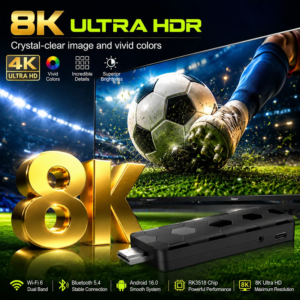 4K 8K UHD R3+ Streaming TV Stick Android 16, 8GB+128GB Storage WiFi6 Bluetooth 5.0 Built-in Google Assistant