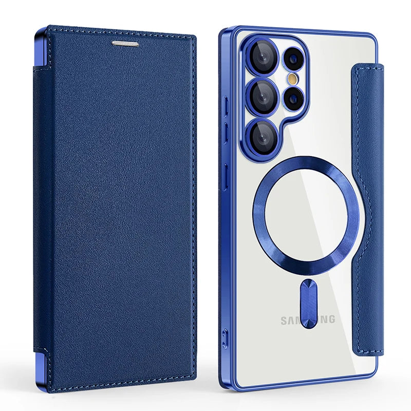 For Magsafe Magnetic Luxury Solid Color Leather Flip Wallet Card Slot Phone Case For Samsung S25 Ultra S23 S22 S24 Ultra Plus