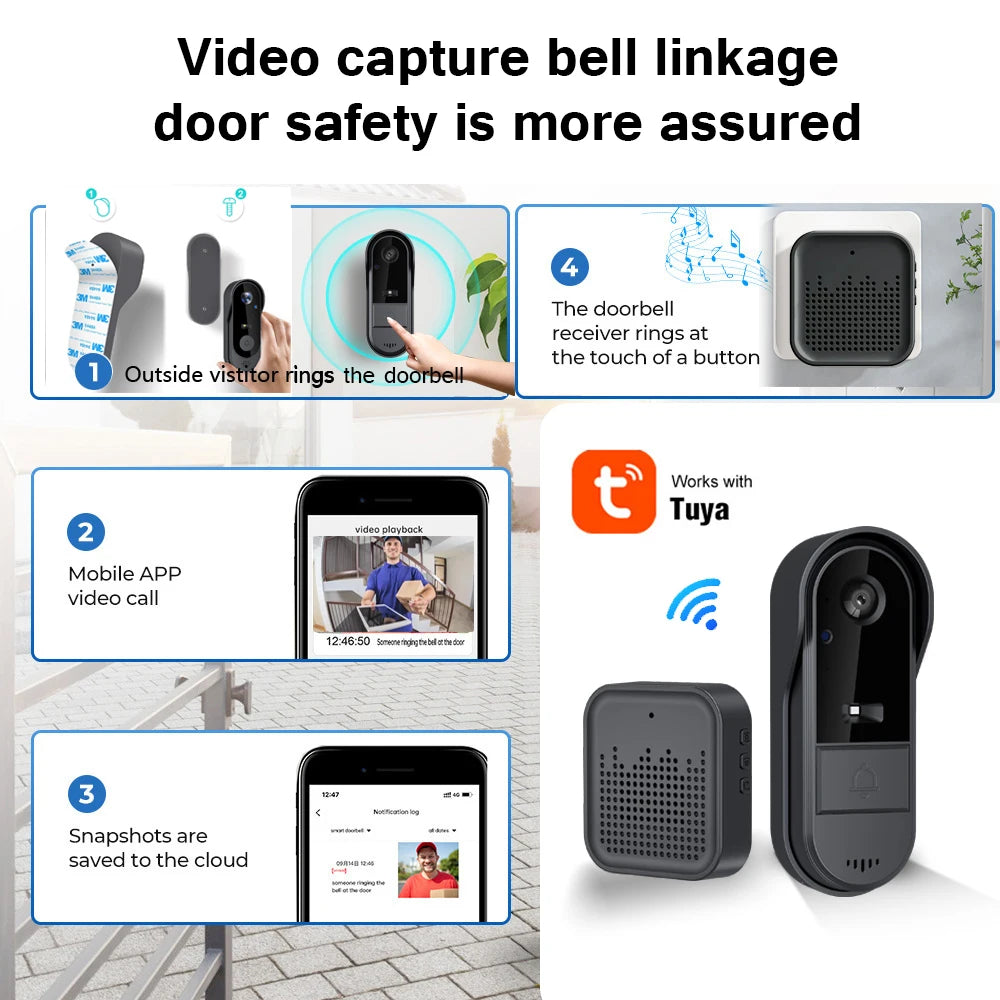 XBIBI Tuya WiFi doorbell, Smart Video Doorbell Camera, 2-way Intercom, Night Vision, microSD/cloud, waterproof, long standby, Wireless Security Camera, Rechargeable Battery