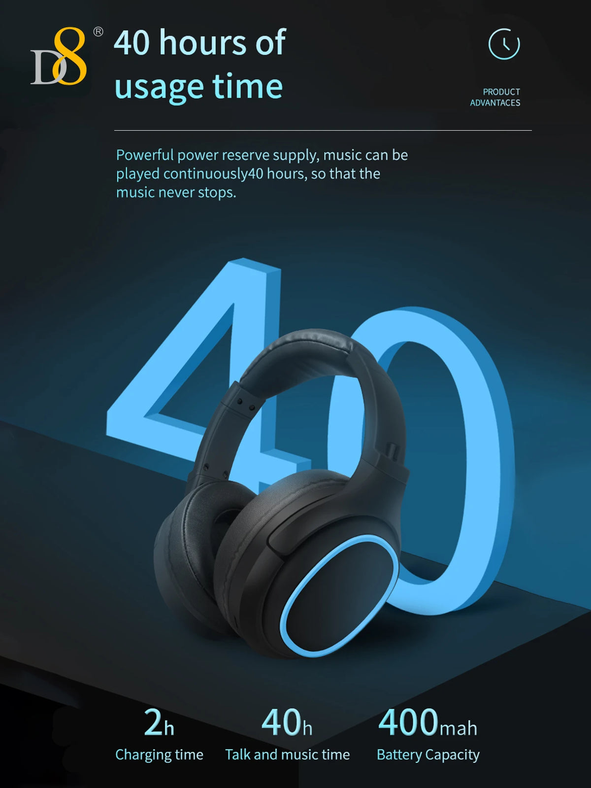 D8 Over Ear Headphones, Wireless and Wired Headset Built-in Microphone, Micro SD Card Slot - (Stealth) 40H Playtime