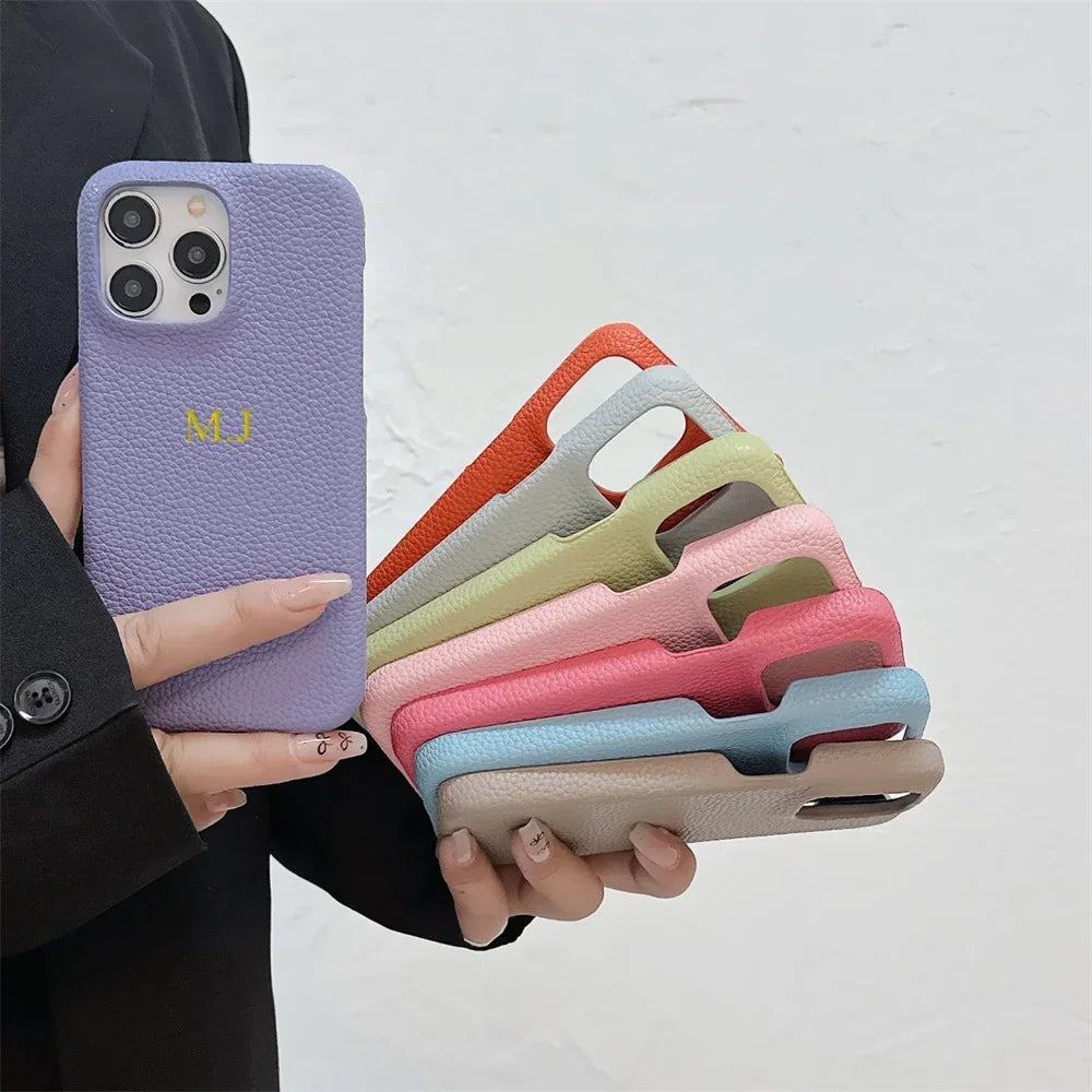 Personalised Customize Initials Name DIY Case For iPhone 17 Pro Max 16 15 17 Pro Max 14 13 12 Candy Color Leather Cover