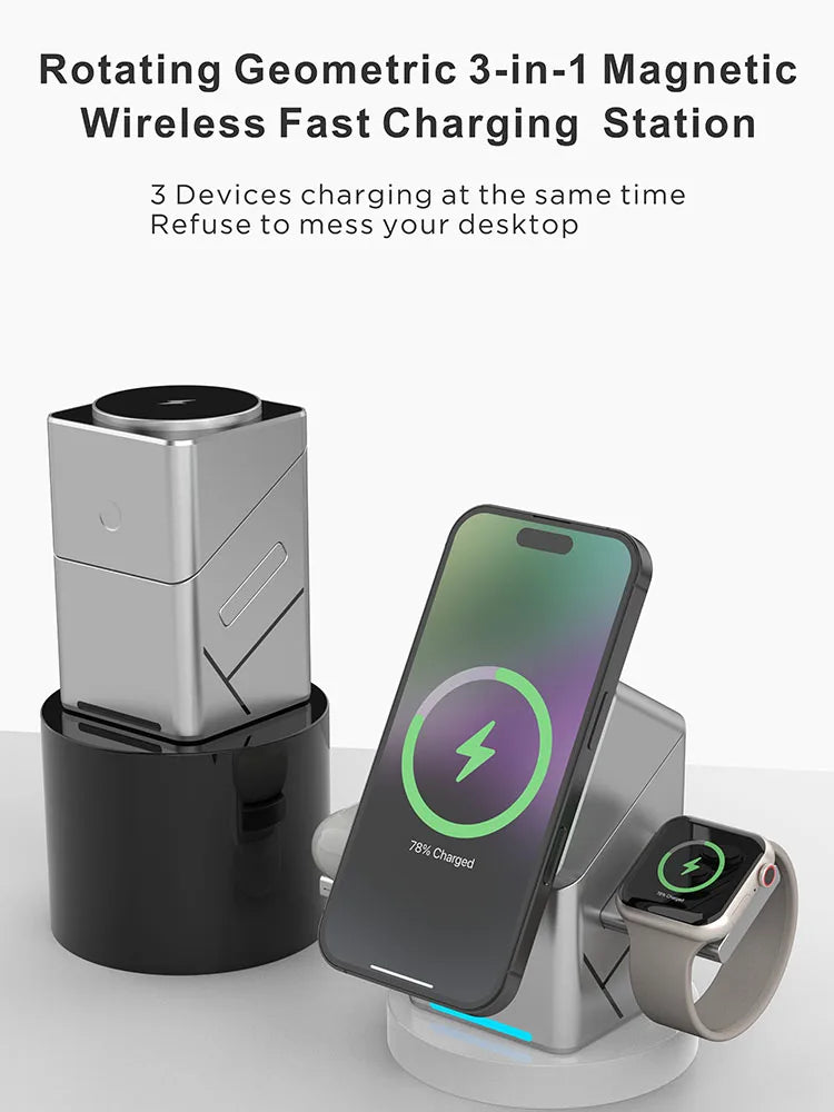 Rotating Qi2 3in1 15w Magnetic Wireless Charger Stand For iPhone 16 15 14 13 12 Max iWatch Airpods Fast Charging Dock