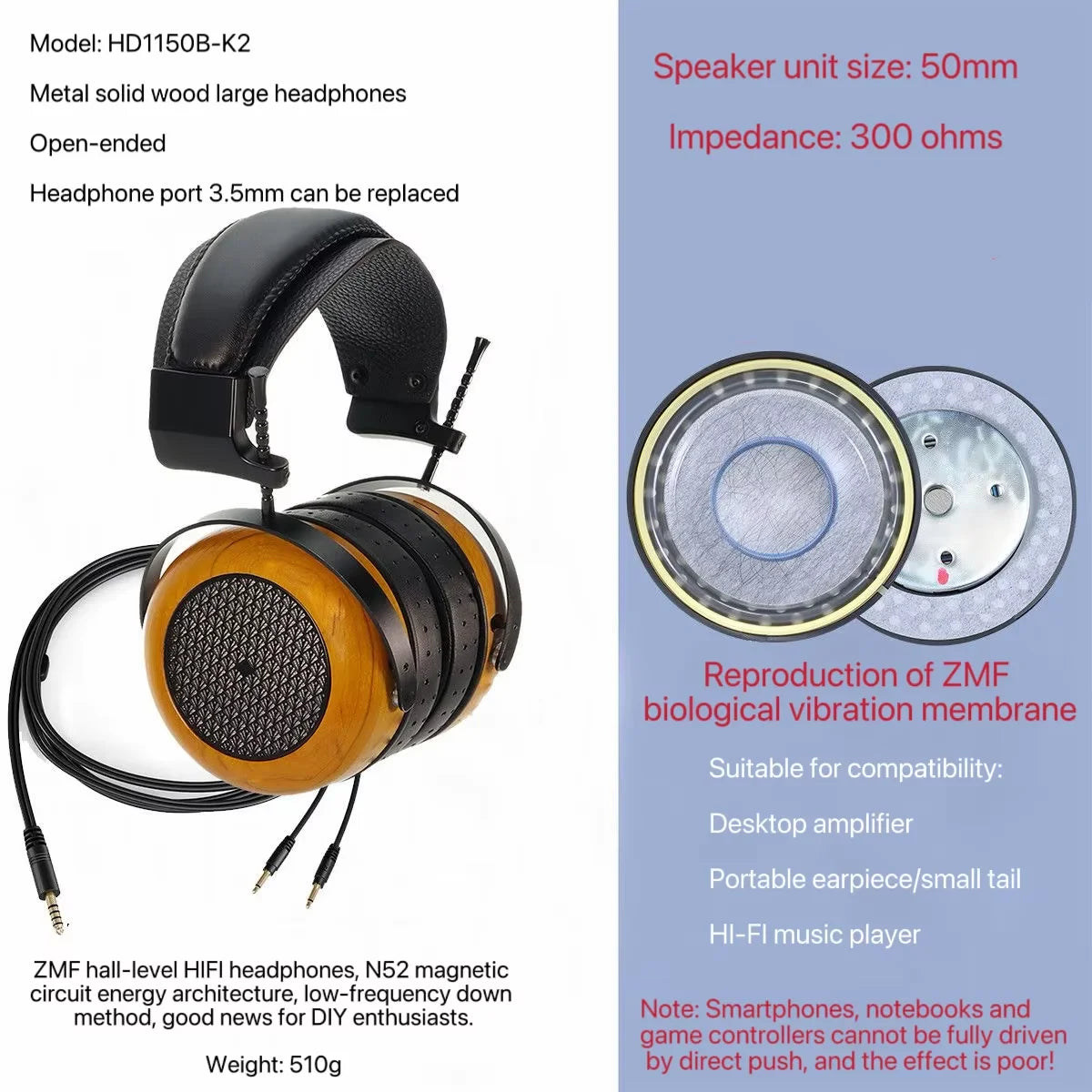 Closed-back Music Analysis Over-ear Headphones with 50mm Bio-diaphragm Monitoring Headsets