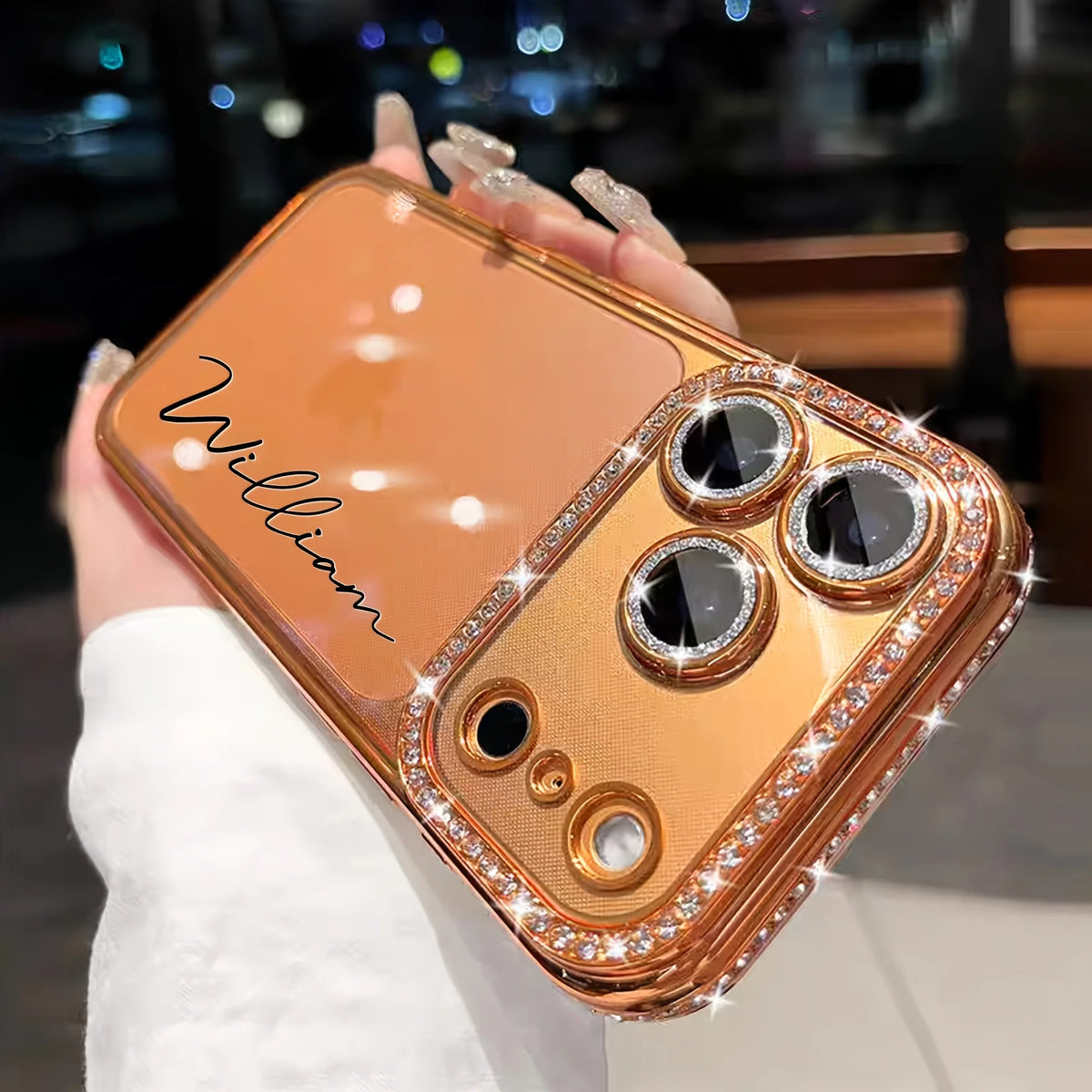  Custom Letters Name Starry Orange Rhinestone Glitter Frame Clear Phone Case For Iphone 13 14 15 16 17 18 Pro Max Air