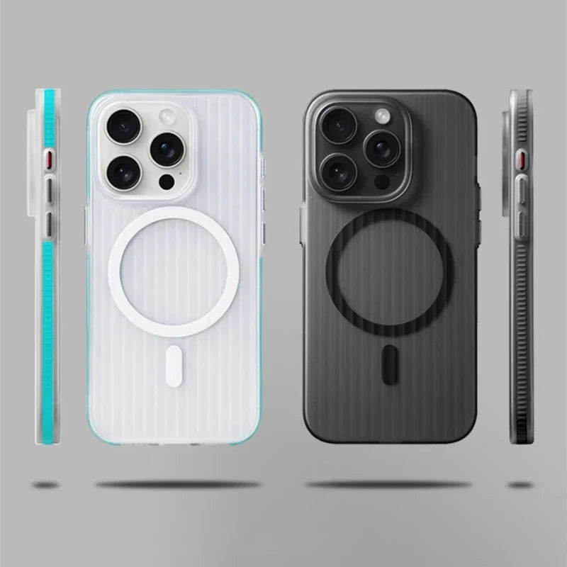 Geometric 3D Stripes Wireless Charging MagSafe Phone Case For iPhone 14 15 18Pro Max 15 13 Pro 16 Anti-fall Bumper Frosted Cover