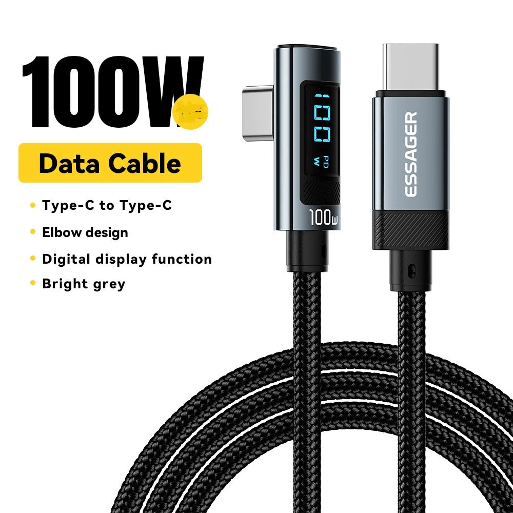 Essager PD100W USB Type C Cable 90 Degree 5A Fasting Charing For iPhone Xiaomi Samsung Huawei Laptops LED Digital Display Cable