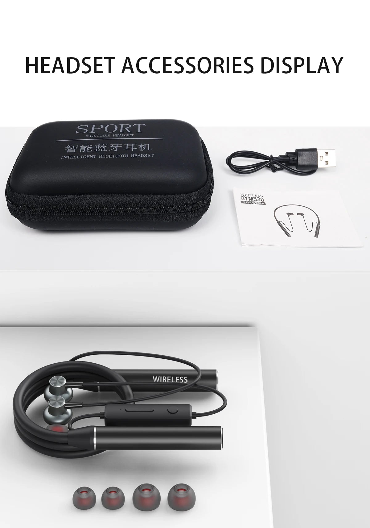 Neck-mounted TWS sports Bluetooth earphones with a metal casing, memory neckband, bendable and portable. Supports TF card playback for music. Dual battery design for ultra-long battery life. Supports simultaneous connection t