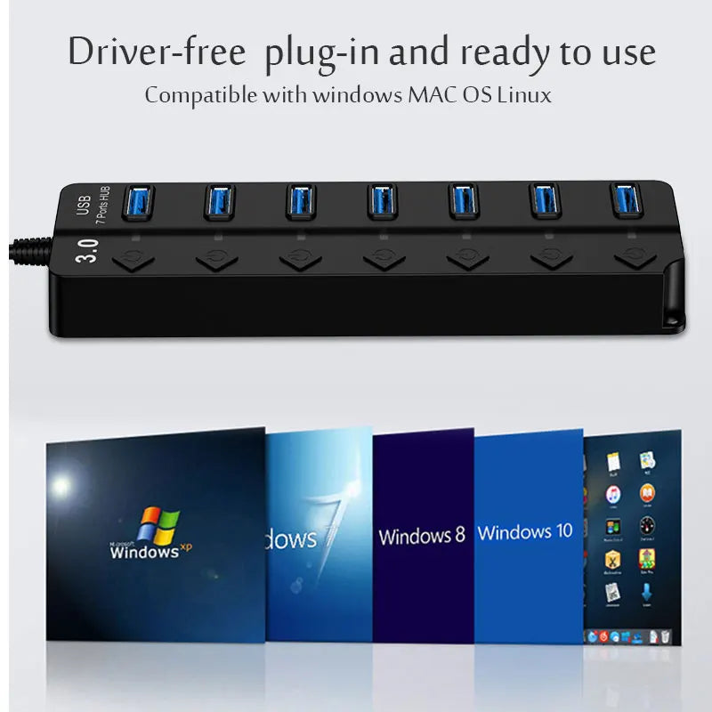 USB HUB 3.0 USB 2.0 Hub Multi USB Splitter Hub Use Power Adapter 4/7 Port Multiple Expander USB 3.0 Hub with Switch 30CM Cable