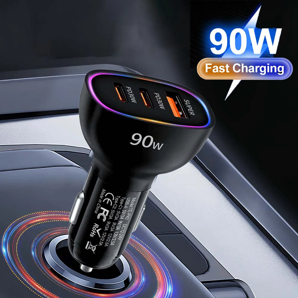 90W USB C Car Charger 3-Port Super Fast Charging Adapter Dual PD 30W and USB A with LED Ring Light For iPhone 17 16 For Samsung