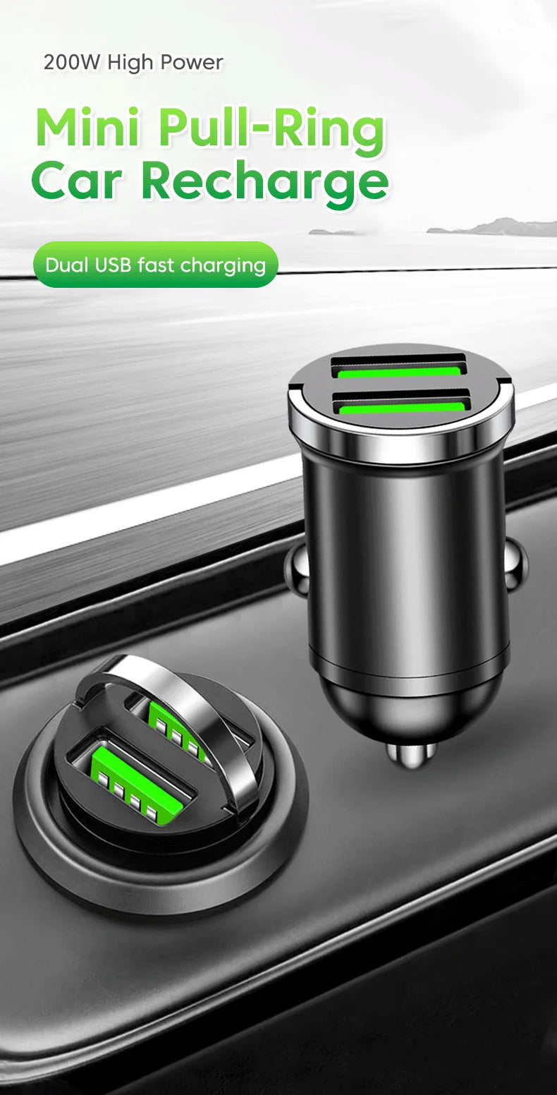 200W Dual USB Car Charger Fast Charging Pull Ring Car Phone Charger Adapter For iPhone Samsung Huawei Xiaomi Cigarette Lighter
