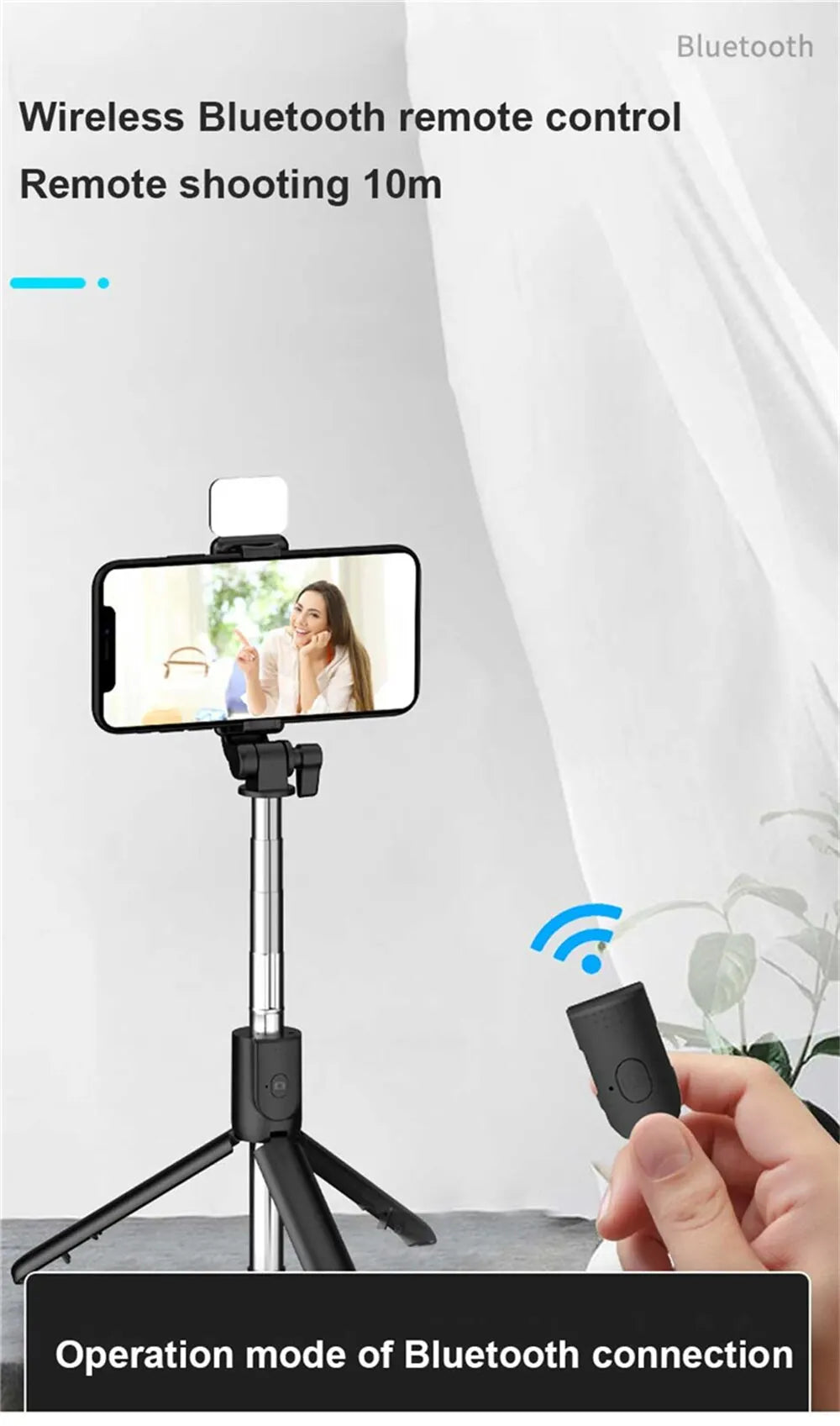 Portable Bluetooth Selfie Stick Tripod Holder with Remote Shutter Fill Light Extendable Wireless Remote Retractable Phone Stand