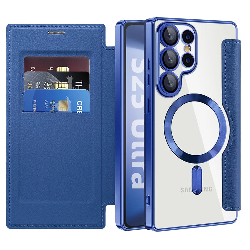 For Magsafe Magnetic Luxury Solid Color Leather Flip Wallet Card Slot Phone Case For Samsung S25 Ultra S23 S22 S24 Ultra Plus