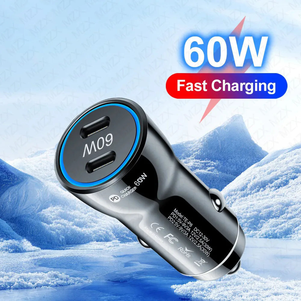 MZX 60W 48W 30W Duar Car Charger PD USB A Type C Smart Quick Charge 12V 24V Cigar Lighter Ultra QC 3.0 Charging for Cell Phone