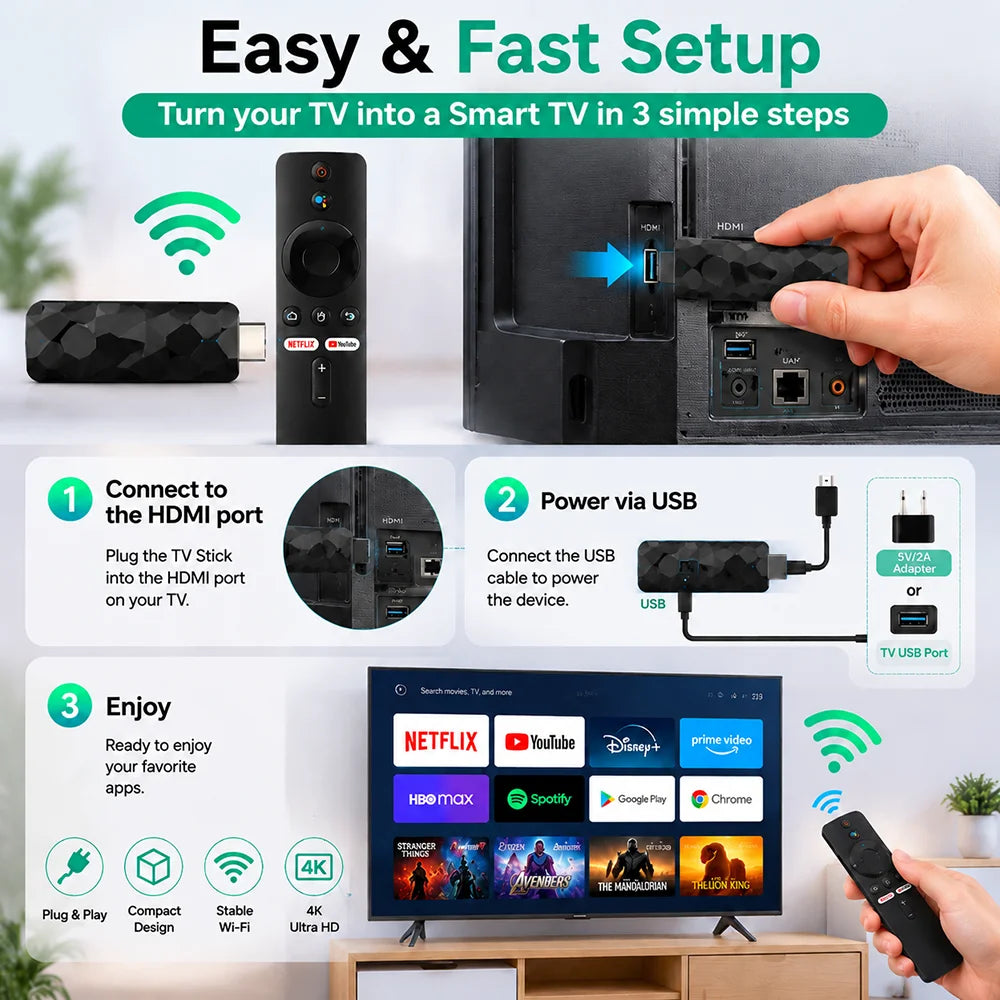 4K 8K UHD R3+ Streaming TV Stick Android 16, 8GB+128GB Storage WiFi6 Bluetooth 5.0 Built-in Google Assistant