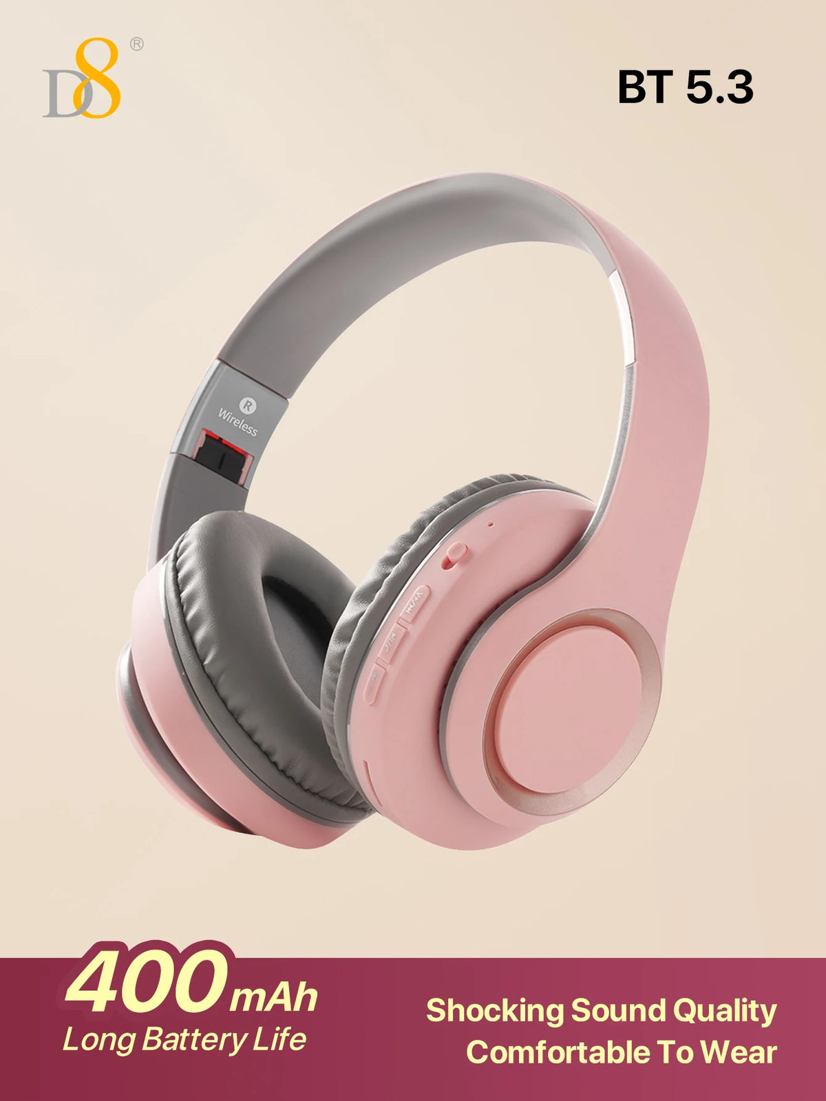 D8 Over Ear Headphones, Wireless and Wired Headset Built-in Microphone, Micro SD Card Slot - (Stealth) 40H Playtime