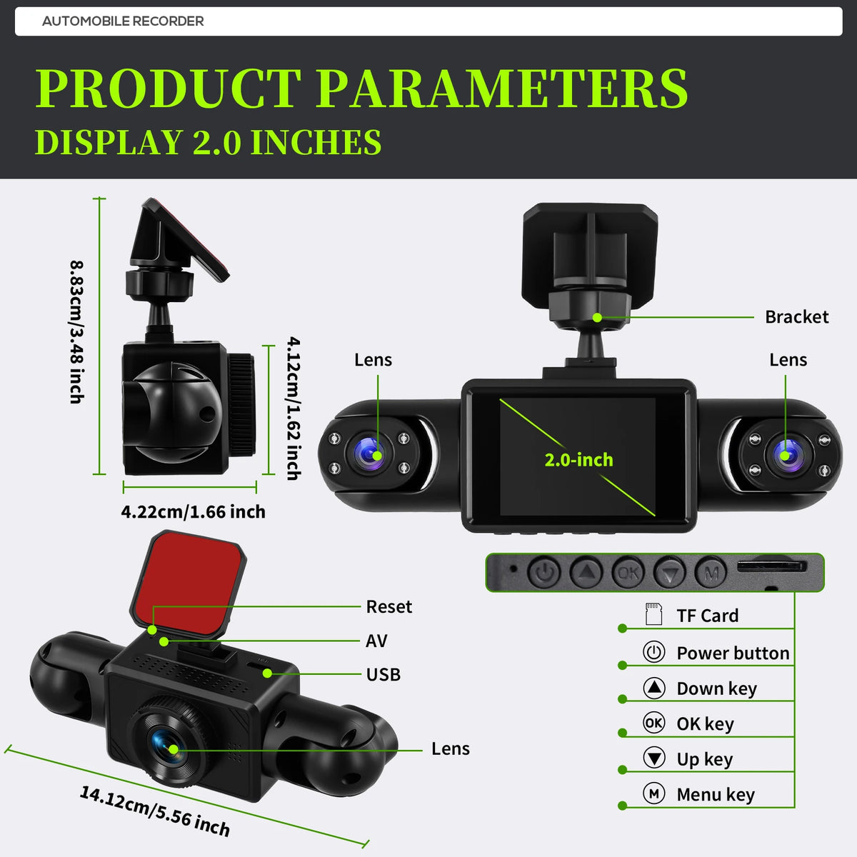 Podofo 2inch 1080P Car Dash Cam with Four High-Definition Cameras, Including 480P Left Interior, Right Interior, and Rear Cameras Loop Recording Add Hardwire Kit Car Accessories Black Box Driving Assistance Camera
