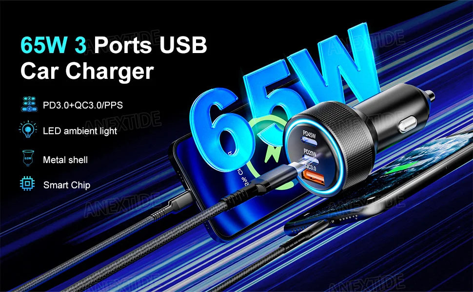 USB C Car Charger, 3-Port 67W Dual USB-C & USB-A Car Power Adapter PD/QC Fast Charging Cigarette Lighter for iPhone 16/15/14/13