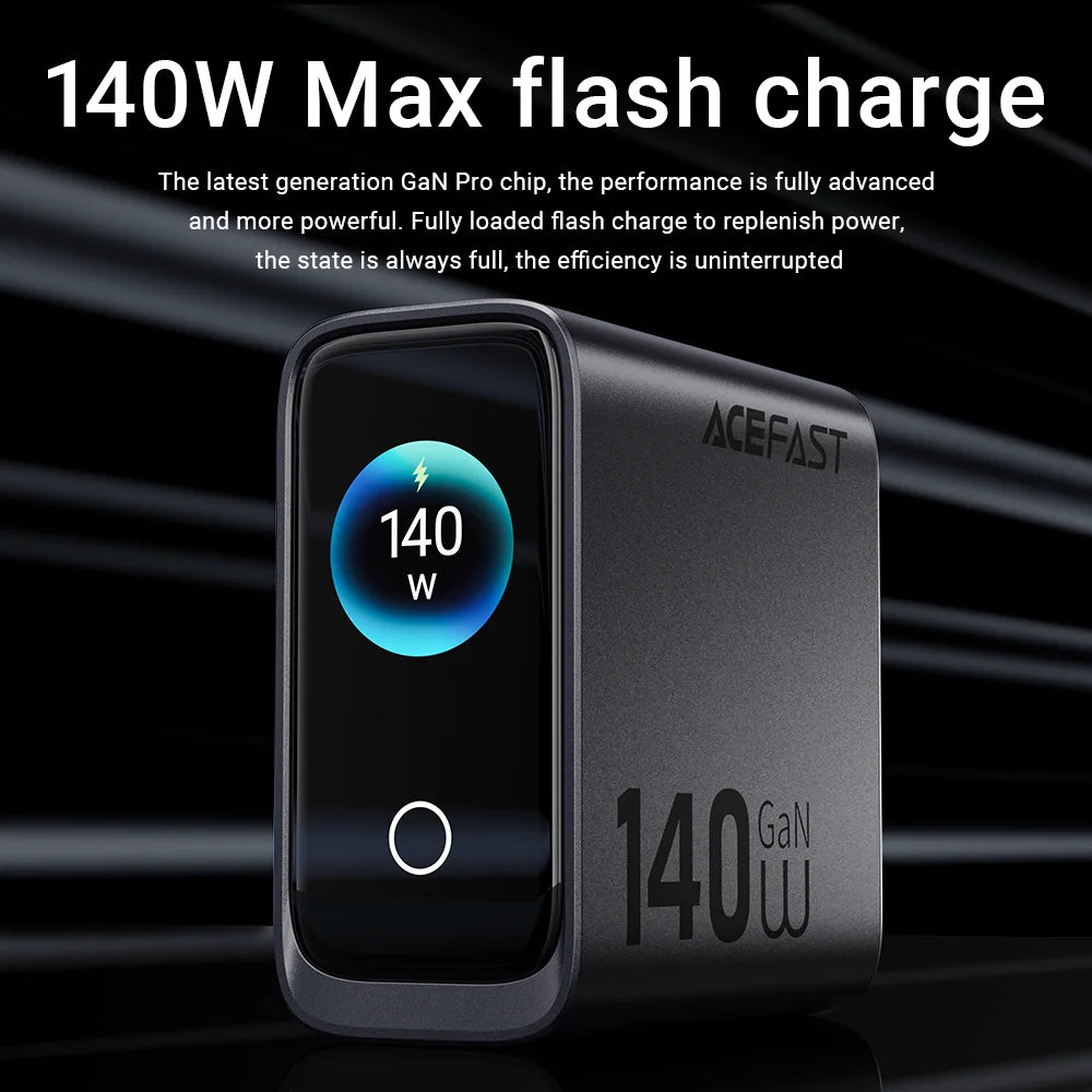 ACEFAST US Plug GaN 140W Fast Charging Phone Charger LED Display Screen For iPhone 17/16 Pro Max USB C USB A Wall Travel Adapter