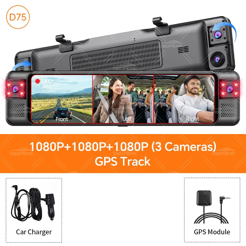 D75 Rearview Mirror FHD 1080P Dash Cam 4CH 360° Record Car Dvr Infrared 5G WIFI APP Video Recorder GPS Track Super Night Vision
