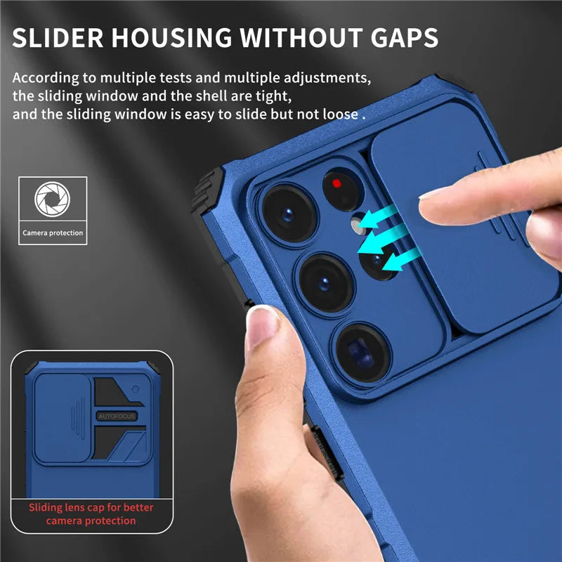 Shockproof Armor Funda For Samsung Galaxy S20 FE S21 S22 S23 S24 Plus Note 20 S25 Edge S26 Ultra 5G Slide Lens Protect Case