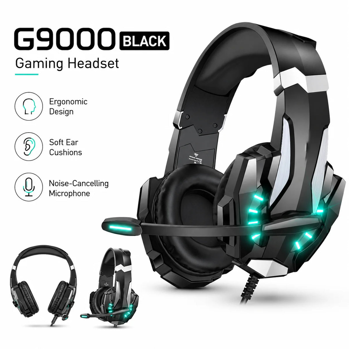 Gaming Headset Wired Headphones with Microphone Over Ear Stereo Bass LED Light Gamer Earphones for PC PS4 PS5 Xbox G9000