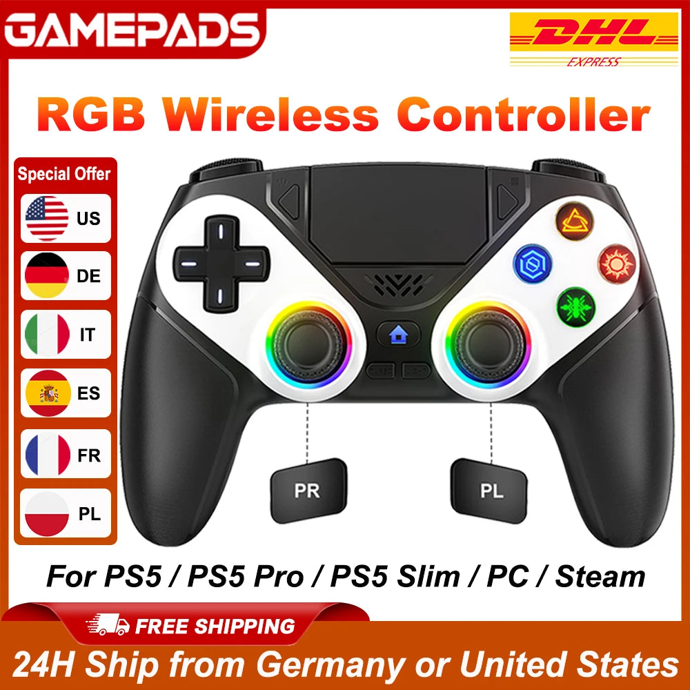 RGB Gamepad For Playstation 5/PS5 Pro/Slim/PC Wireless PS5 Controller 3D Game Joystick Dual Vibration Macro/Turbo Function