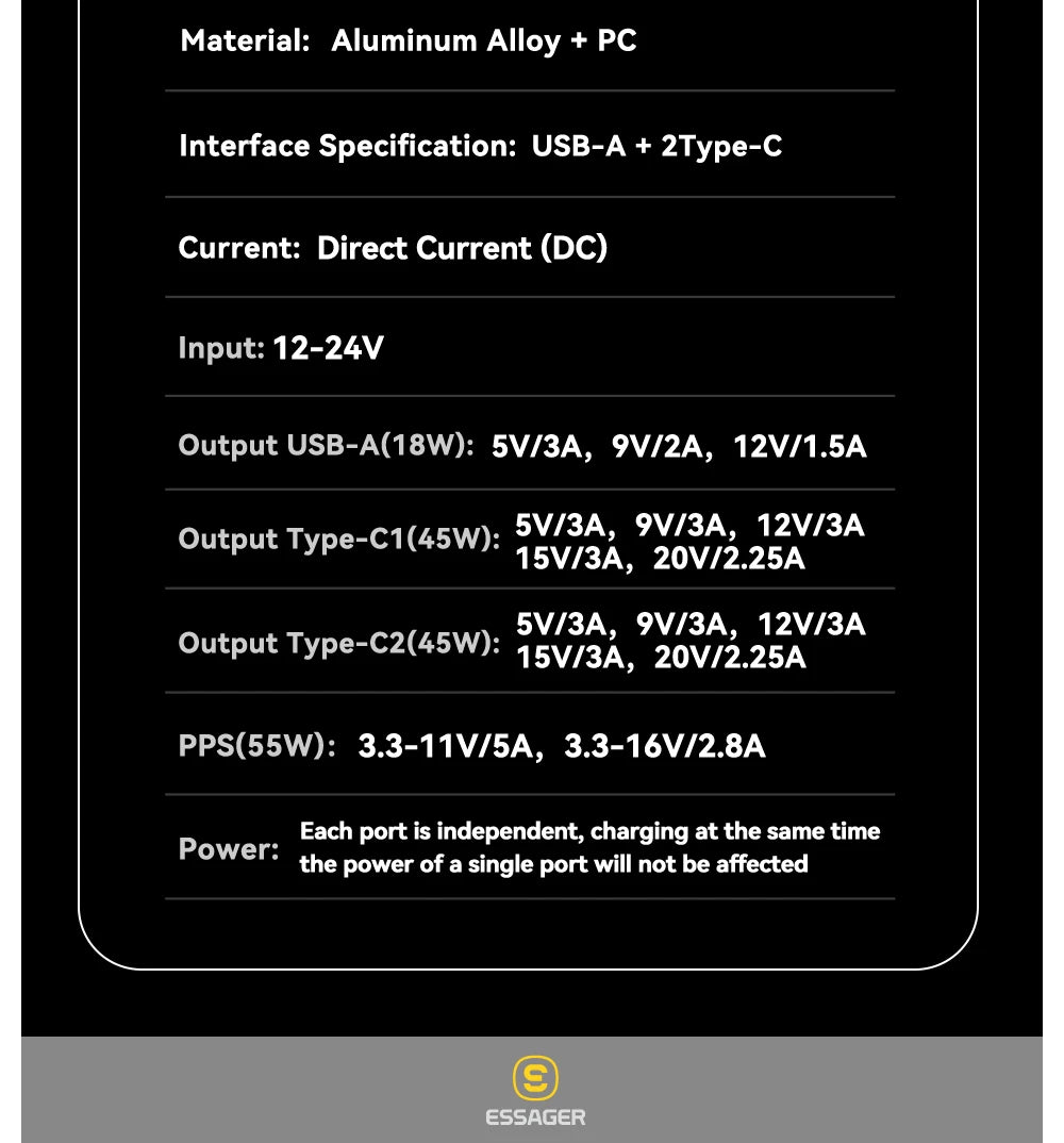 Essager USB C Car Charger 105W Quick Charge PD3.0 QC4.0 3.0 SCP PPS USB Type C Fast Charging For iPhone 15 14 13 Samsung Xiaomi
