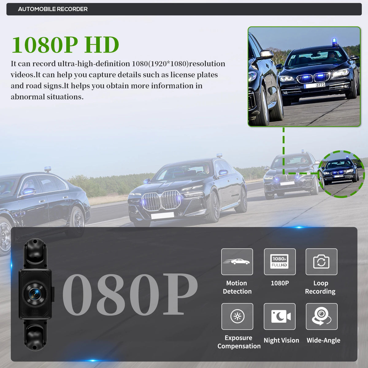 Podofo 2inch 1080P Car Dash Cam with Four High-Definition Cameras, Including 480P Left Interior, Right Interior, and Rear Cameras Loop Recording Add Hardwire Kit Car Accessories Black Box Driving Assistance Camera