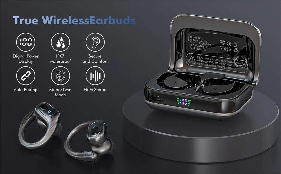 TWS Sports Earbuds Bluetooth 6.0 HIFI Bass Wireless Headphones LED Button Handsfree Earphone Noise Cancelling Waterproof Headset