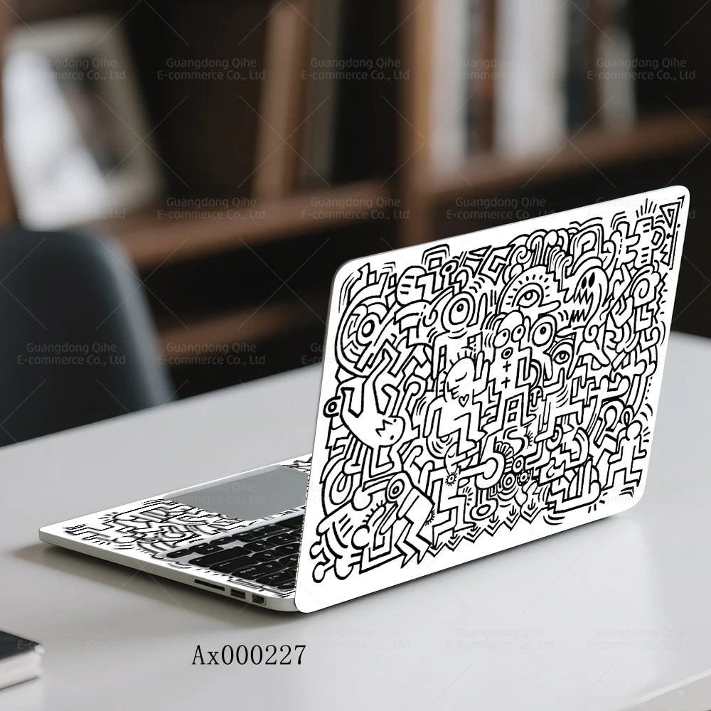 2Pcs Black White Doodle Laptop Skin, Waterproof Vinyl Graffiti Laptop Decal Art Stickers for MacBook HP Dell Universal Laptop