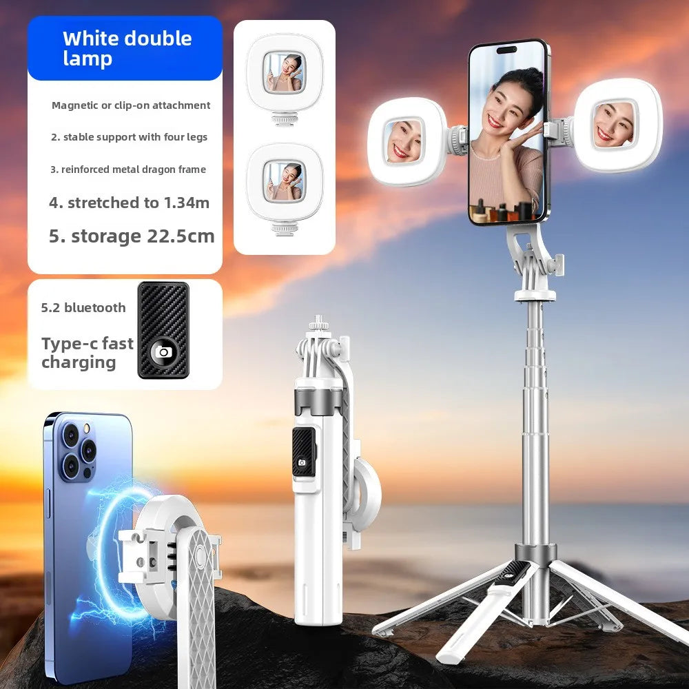 P135 Magnetic Bluetooth Selfie Stick Tripod, Universal Phone Floor Stand with 4-Leg Stable Base, Wireless Remote Photo Shooting,