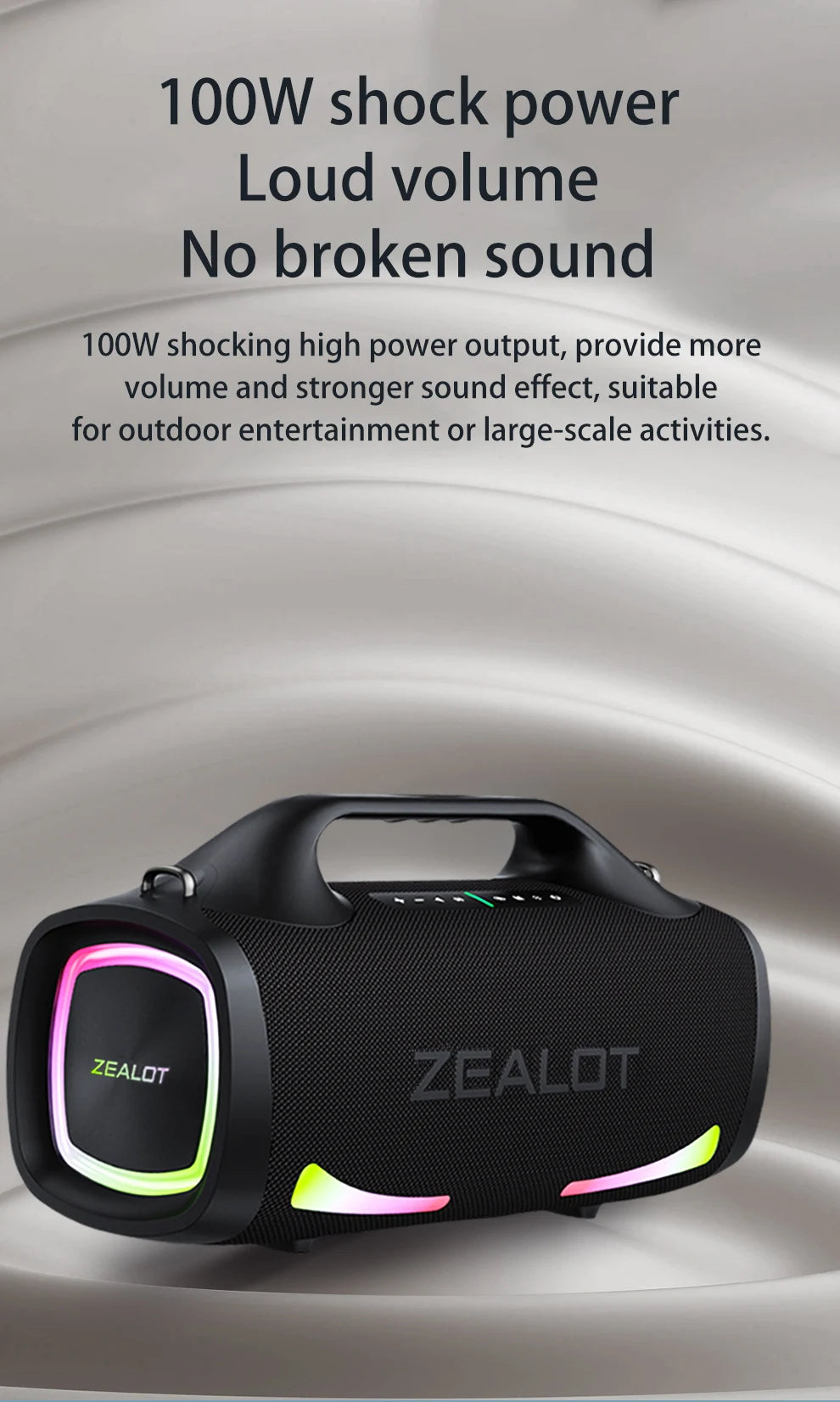 Zealot S79 100W Wireless Speaker, Portable Subwoofer Speaker, Hi-Fi Sound Quality, Dual Pairing, Fast Charging, 24000mAh.