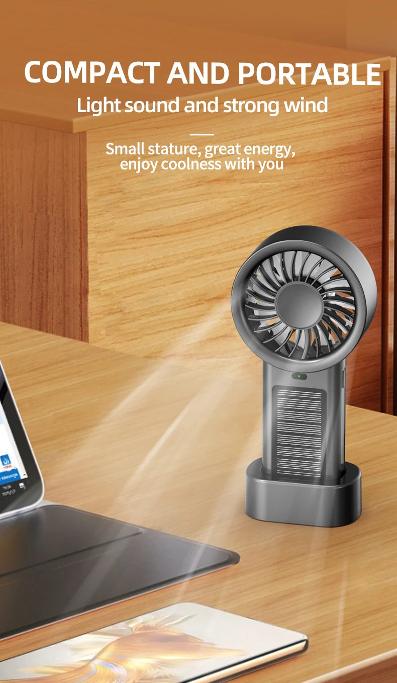 Solar Handheld Fan Small Dekstop Fan USB Light Rechargeable Portable Mini Air Cooling Hand Fan for Outdoor Camping Travel Hiking
