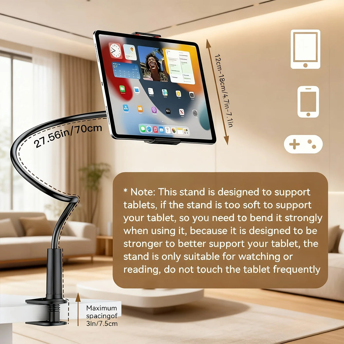 360° Adjustable Gooseneck Holder for Phones And Tablets, Clip-On Style, 27.56inch Long, Suitable for Desk And Bedside Use