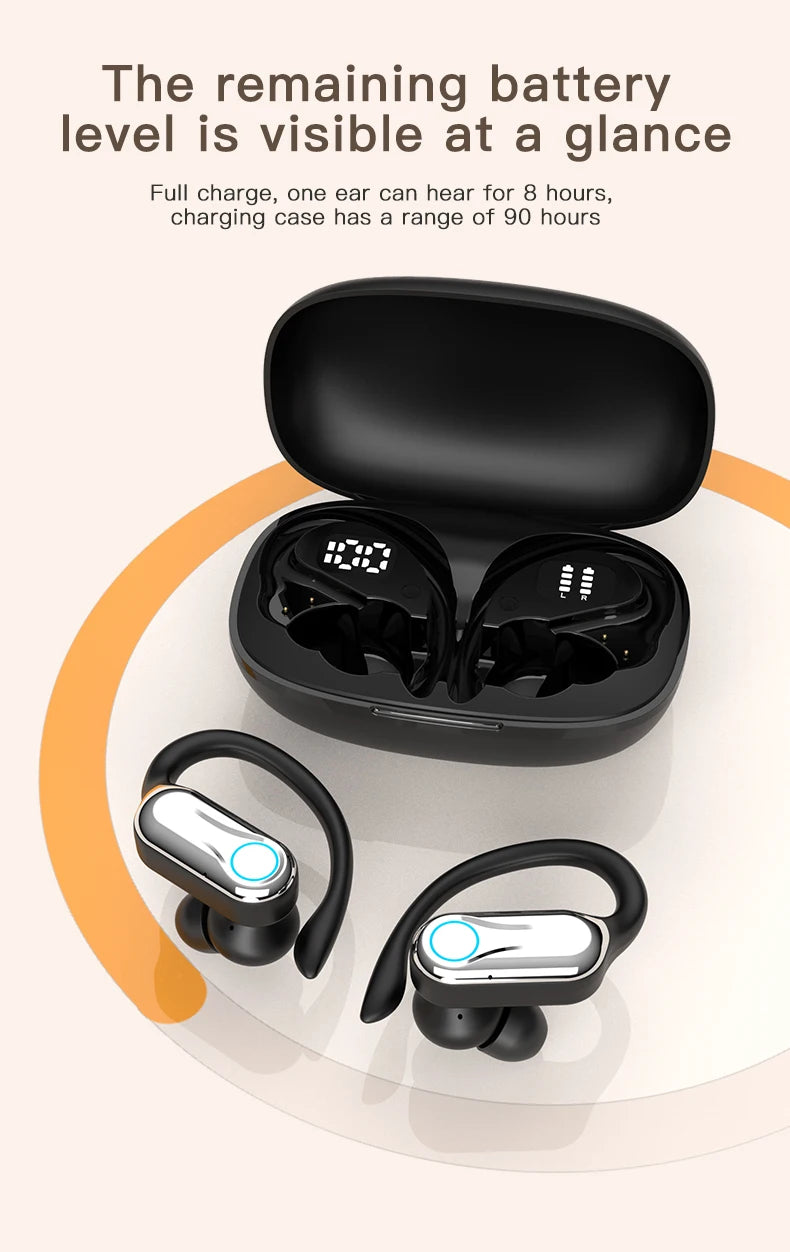 TWS Bluetooth Earphones With Microphones Sport Ear Hook LED Display Wireless Headphones HiFi Stereo Earbuds Waterproof Headsets