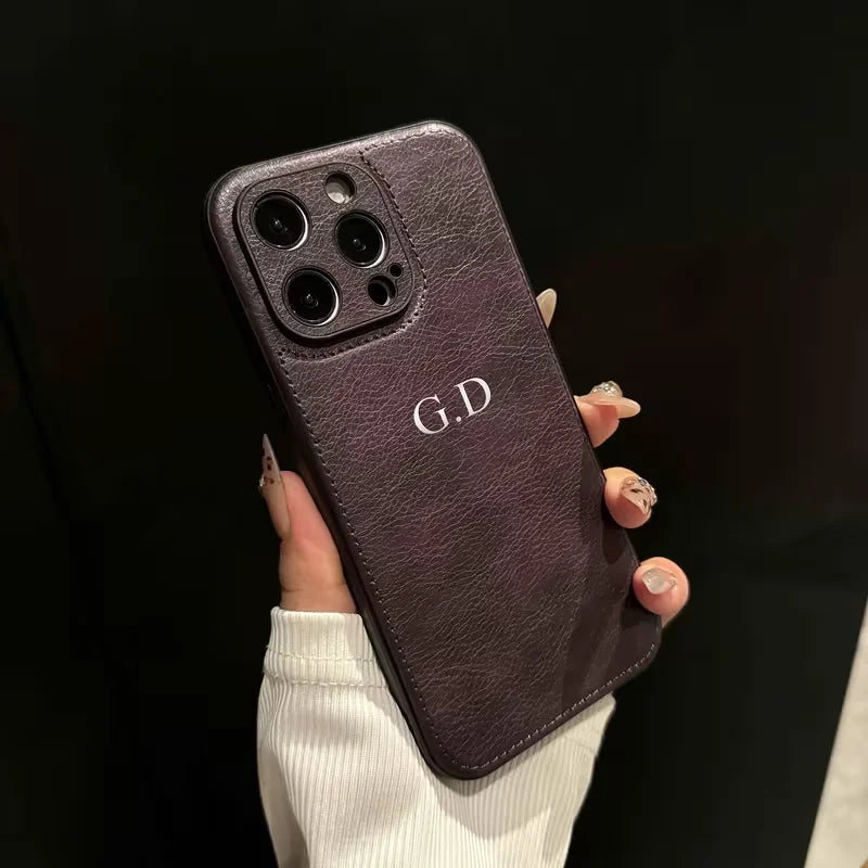 Personalized Customized Silver Hot Stamping Name Faux Leather Classic Business Phone Case For iPhone 17 16 15 14 13 Pro Max Plus