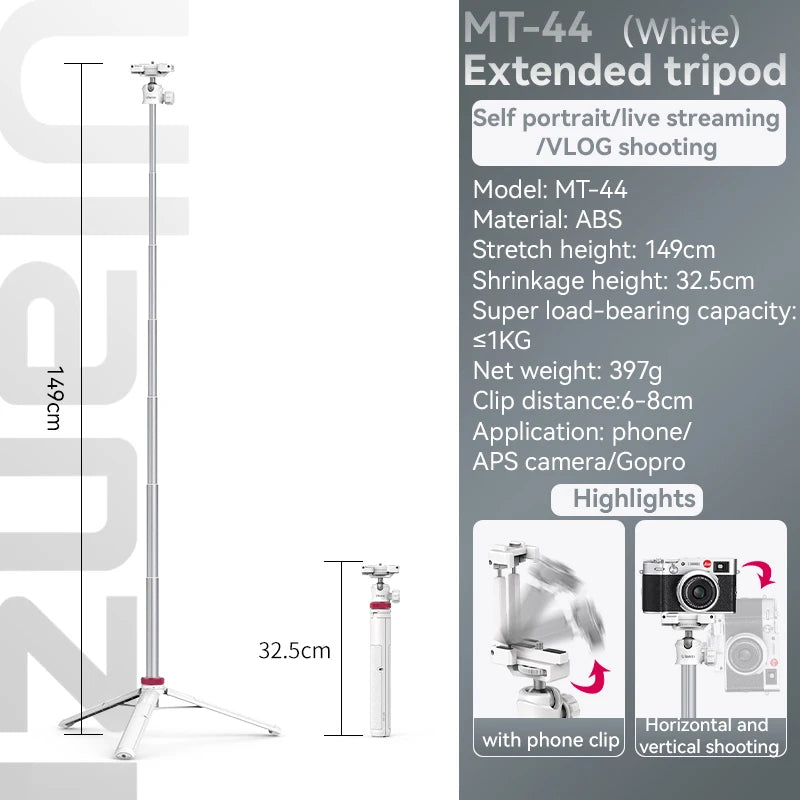 Ulanzi MT-44 1.46M Extend Selfie Stick Tripods Tripod With Phone Clamp For Cameras Cellphone Samsung iPhone Huawei Xiaomi Stand