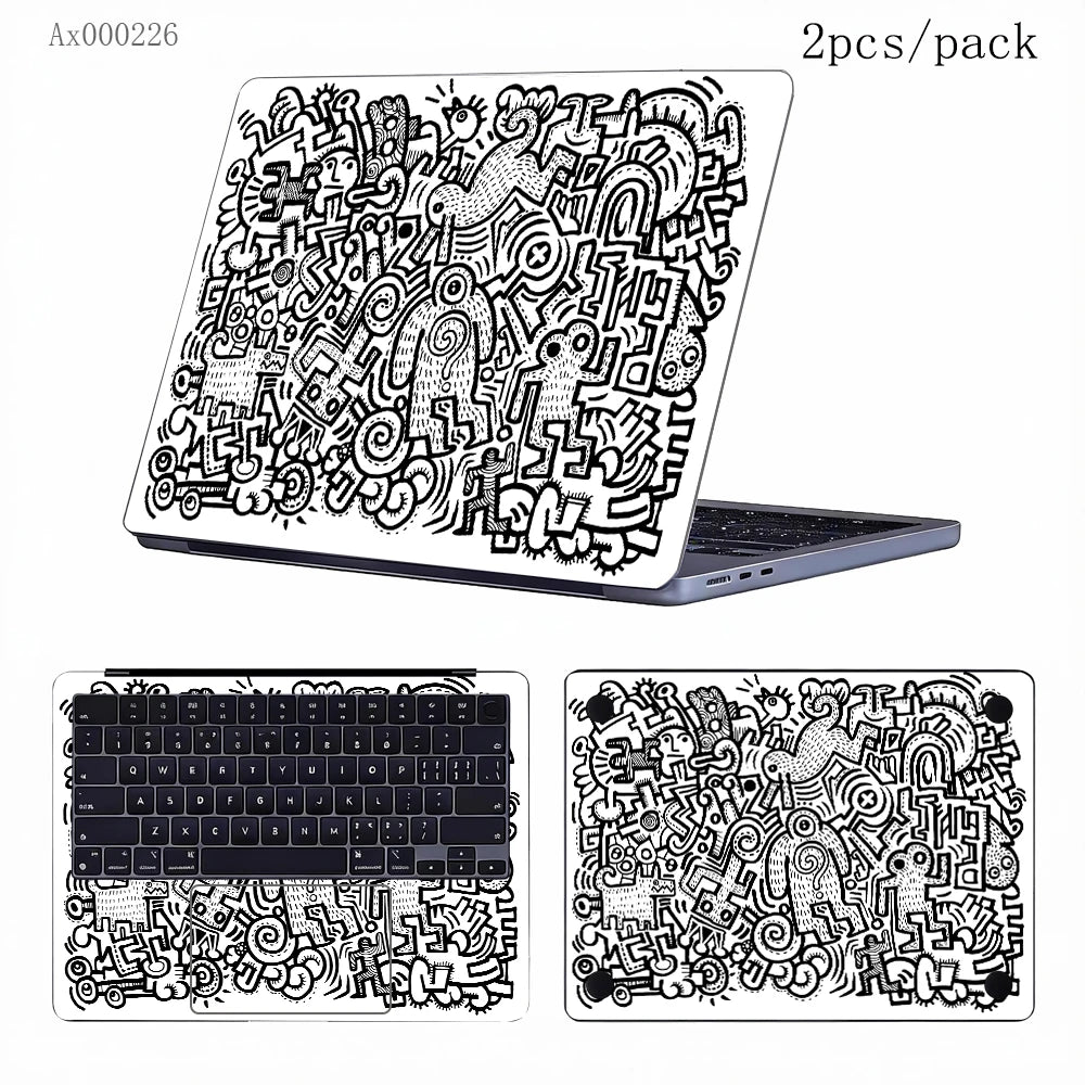 2Pcs Black White Doodle Laptop Skin, Waterproof Vinyl Graffiti Laptop Decal Art Stickers for MacBook HP Dell Universal Laptop