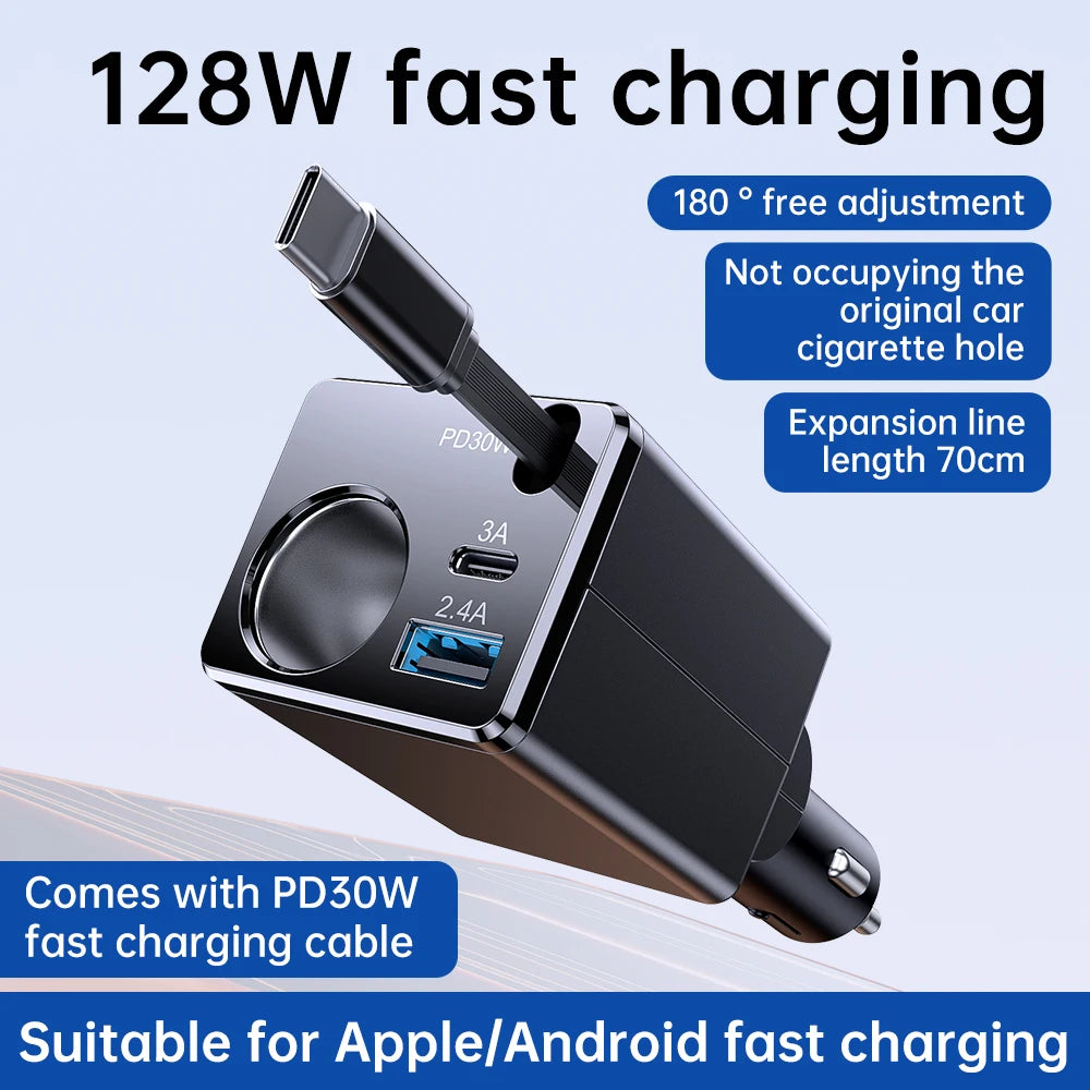 Universal Car Charger 128W Super Fast Charging Cigarette Lighter with Built-In USB-C Retractable Cable for Fast Charging